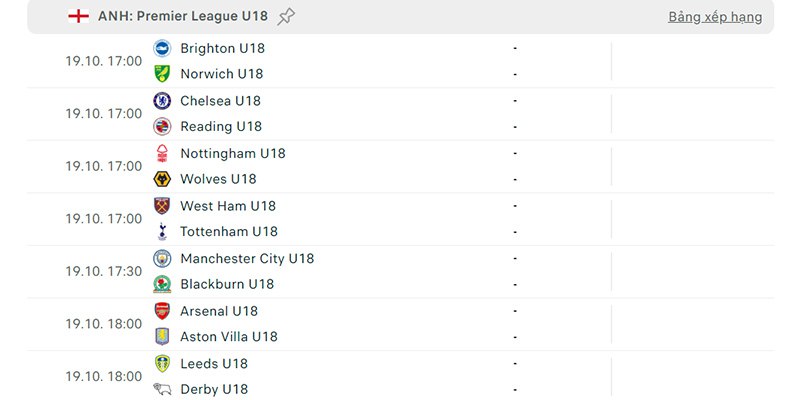 Lịch đấu U18 Premier League chính thức